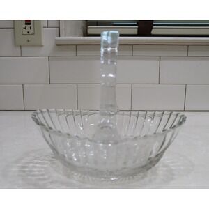KIG Malaysia Clear Glass Basket Bowl Fleur de Lis Sandwich Glass Plastic Handle